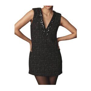 Maeve Anthropologie Sequin Embellished V-Neck Tweed Mini Dress Black Size XS